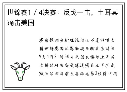 世锦赛1／4决赛：反戈一击，土耳其痛击美国